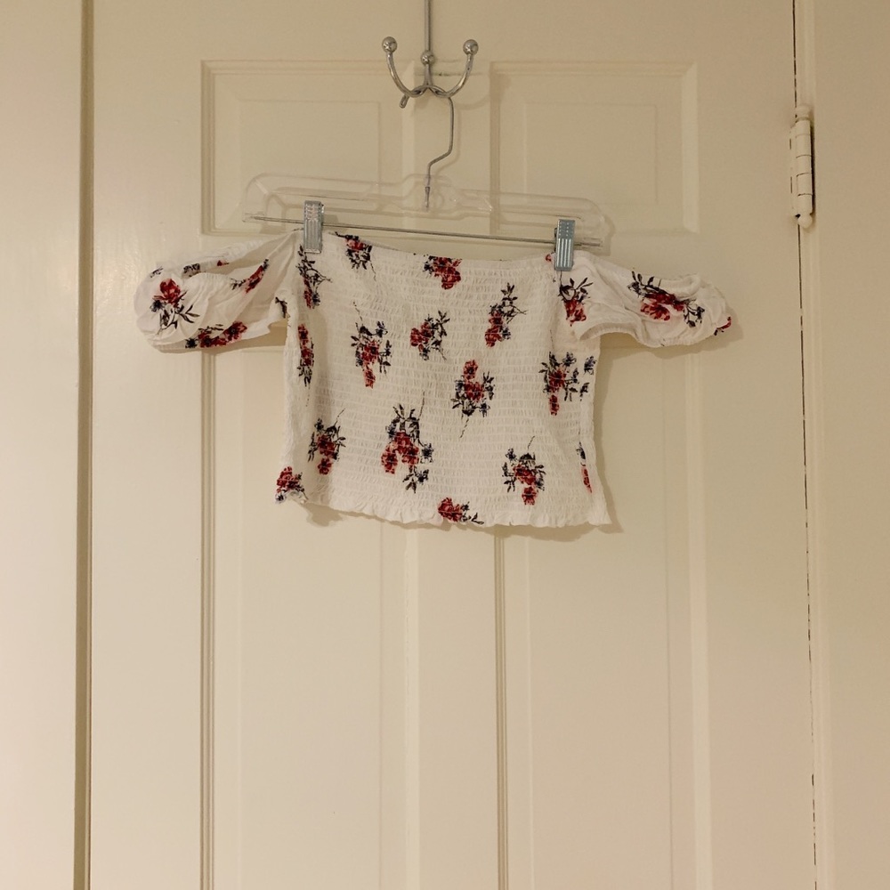 Garage Ribbed Off The Shoulder Flower Top